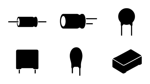 Electronic Component Icons: Capacitor Set, Resistor, Diode, Transistor Symbols