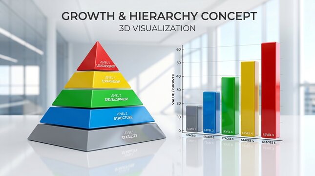 3D Business Hierarchy Pyramid with Color-Coded Levels and Corresponding Bar Chart Growth Graph in Modern Office Background