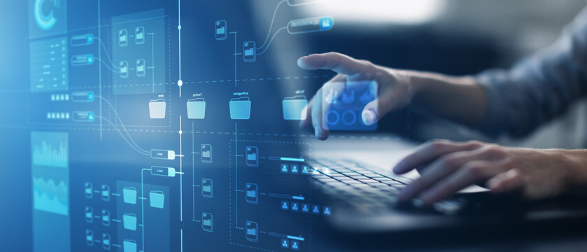 Digital Workflow Management Interface with Automated Data Processing and File Systems.