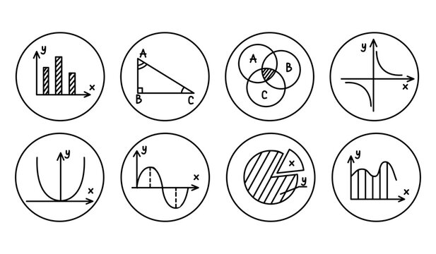 Set of eight black and white mathematical icons depicting graphs, shapes, and equations in circular frames suitable for educational materials or presentations