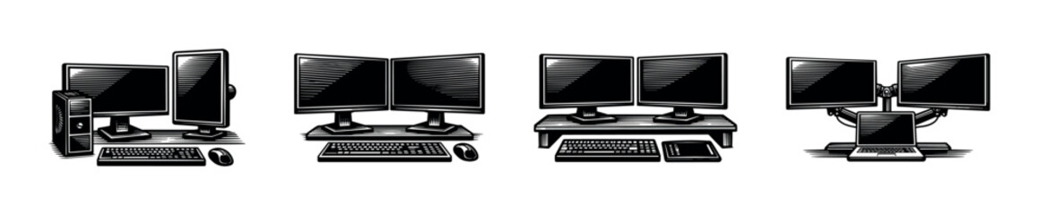 Fototapeta premium Multiple computer setups with dual and triple monitor configurations