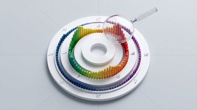 3D Circular Data Chart with Magnifying Glass Zooming Into Red and Orange Sections for Business Analysis and Financial Analytics