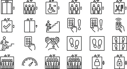 elevator and lift navigation vector line icon set featuring buttons stairs passenger capacity accessibility and building safety symbols © Shukimon