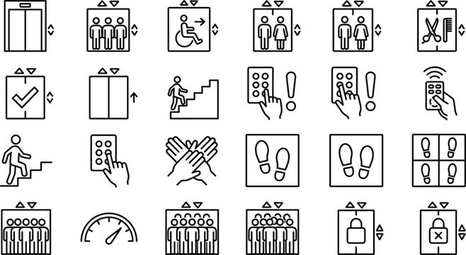 elevator and lift navigation vector line icon set featuring buttons stairs passenger capacity accessibility and building safety symbols