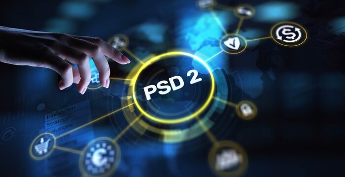 PSD2 Payment Services Directive 2 Enhancing Payment Security and Innovation, projection on a virtual screen, Business and Technology Concept.