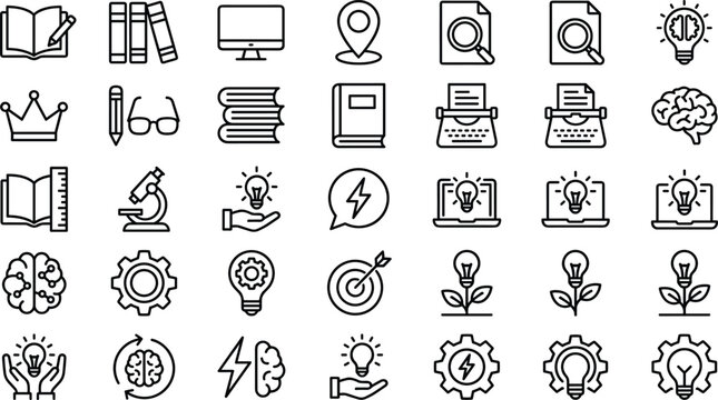 education and creative brain innovation vector line icon set featuring books study research strategy and knowledge symbols