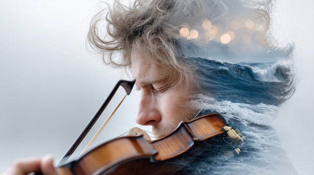 Violinist Performing Emotionally Stormy Oceans Transforming into Calm Sunrise Skies Floating Musical Notes | Cinematic Artistic Concert Storytelling

