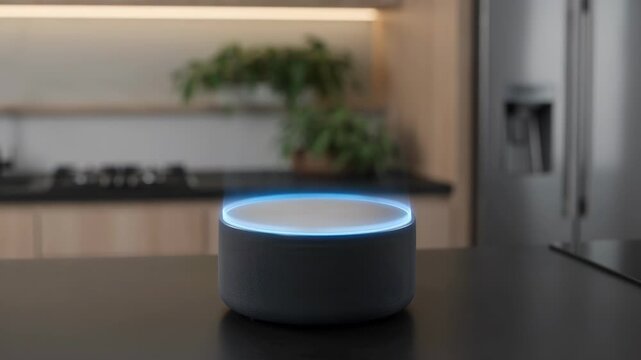 A modern kitchen scene features an Amazon Echo smart speaker sitting on a dark countertop, blending seamlessly with the contemporary design and hinting at a connected home lifestyle.