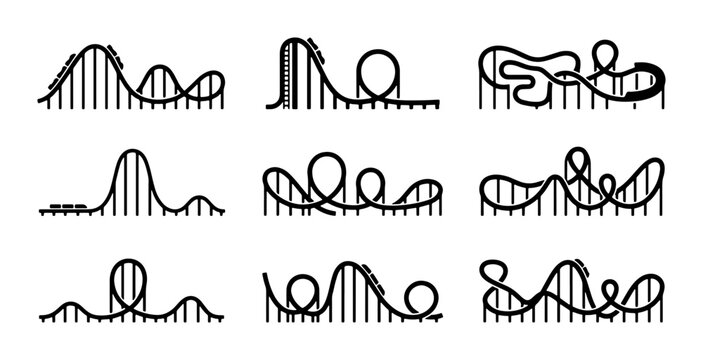 Roller Coaster Icons Set, Amusement Park Thrill Rides, Funfair Attraction Vector Graphics