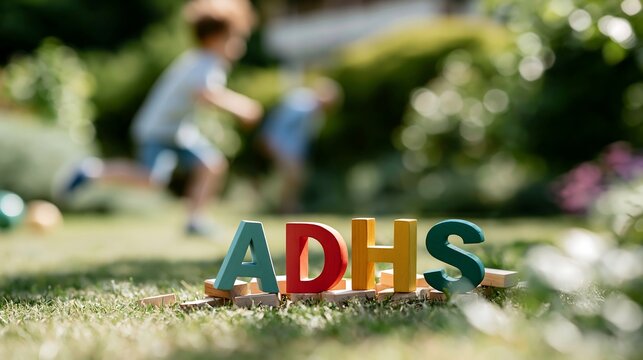 Colorful ADHS letters on grass with active children playing outdoors, concept of hyperactivity, occupational therapy and attention disorder support in childhood development