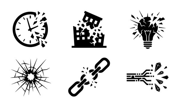 Destruction Icons: Shattered Clock, Broken Building, Exploding Lightbulb, Cracked Glass, Chain Link Failure, Circuit Board Decay