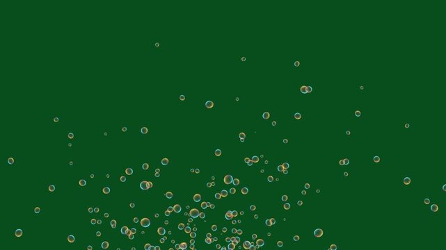Animation of colorful iridescent bubbles exploding and floating on a green screen.Flying water bubbles green screen motion graphics.Soap air bubbles texture on chroma key green screen background.