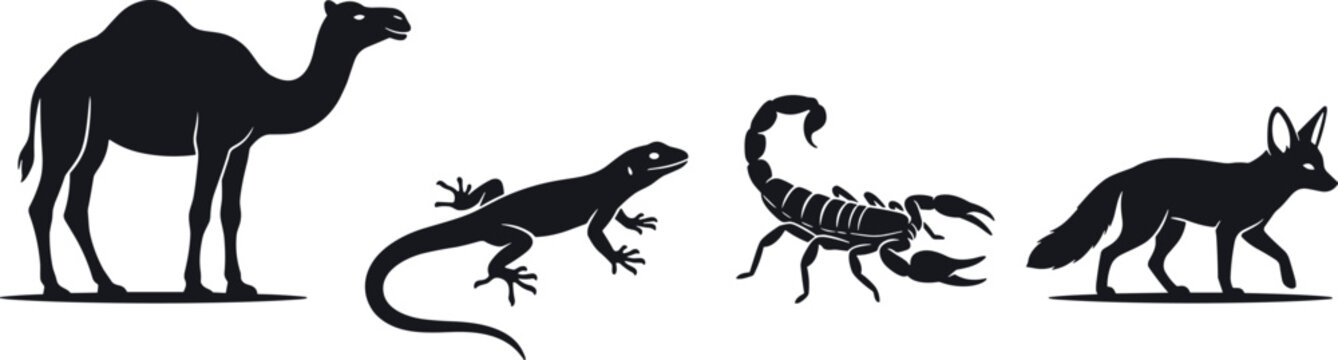 Vintage Desert Wildlife Animal Silhouette Vector Collection Featuring Standing Camel Lizard Reptile Poisonous Scorpion and Fennec Fox Graphic Design Elements