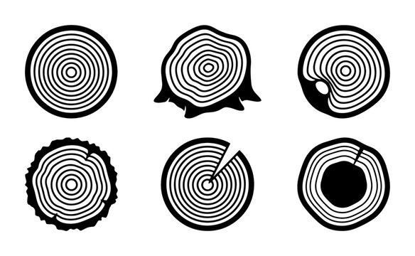 Wood Slice Icons, Tree Ring Vector Graphics, Rustic Natural Textures, Organic Circular Patterns