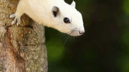 Fototapeta premium Close-Up of a Rare White Squirrel Peering from a Tree Trunk