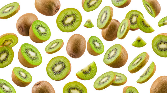 Fresh kiwi fruit flying and falling, whole and sliced pieces isolated on a transparent background.