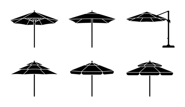 Outdoor Patio Umbrellas, Beach Sunshade Collection, Garden Parasol Set, Black Silhouette Icons