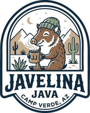 Cartoon javelina character holding a coffee cup in a desert landscape with hot drink, beanie hat