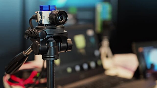 Industrial vision camera system on tripod for automated optical inspection in laboratory or factory setting.