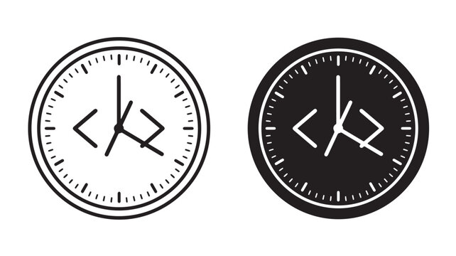 Black and white clock icons with code symbols on face for tech and programming concepts