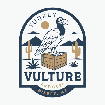 Turkey vulture antiques logo with bird crate desert wooden box antiques mountains illustration