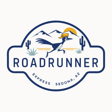 Roadrunner express vintage desert logo with cartoon roadrunner bird desert landscape old fashione