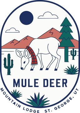 Mule deer mountain lodge st. george ut graphic logo with pine tree st george line art wildlife