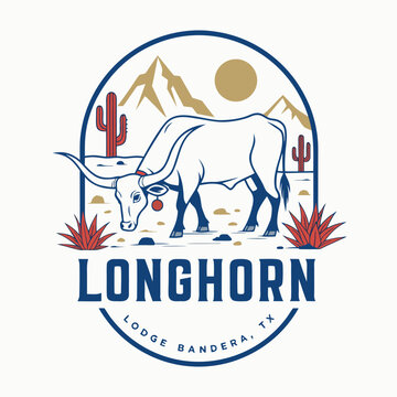 Longhorn cattle lodge bandera tx graphic logo with line art longhorn livestock mountains