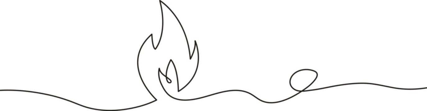Continuous line drawing of fire flame. One line single bonfire campfire symbol vector illustration, minimalist hot energy or passion concept.