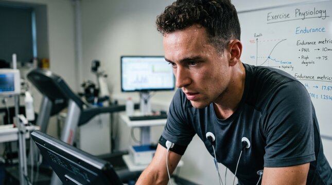 Sweaty man exercising on stationary bike during clinical performance test. Athlete undergoing cardiopulmonary stress evaluation in laboratory. Sports science and health research concept.
