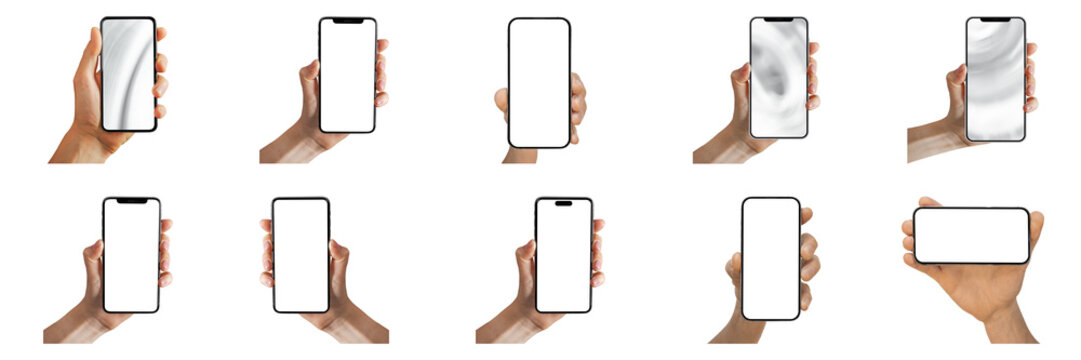 Set collection of phones in hand on transparent background
