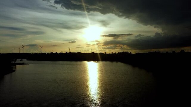 Sunset Aerial View at Chang Tok Tai Reservoir, Thepharak, Korat Thailand