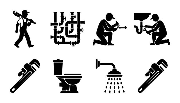 Plumbing Icons: Tools, Fixtures, and Professionals