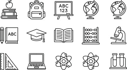 Minimalist Education and School Science Outline Line Icon Set Featuring Backpack Globe Blackboard Microscope and Books Vectors © Shukimon