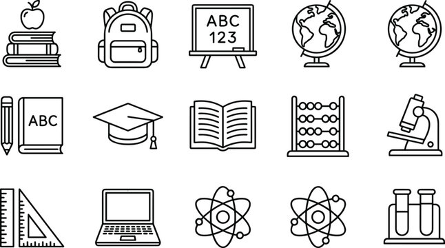 Minimalist Education and School Science Outline Line Icon Set Featuring Backpack Globe Blackboard Microscope and Books Vectors