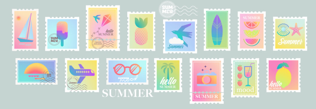 Postage stamps for summer travel postcards. Set of postal stickers for mail, posters or icons in retro design. Vacation mood  vintage labels in flat design. Gradient geometric vector illustration.