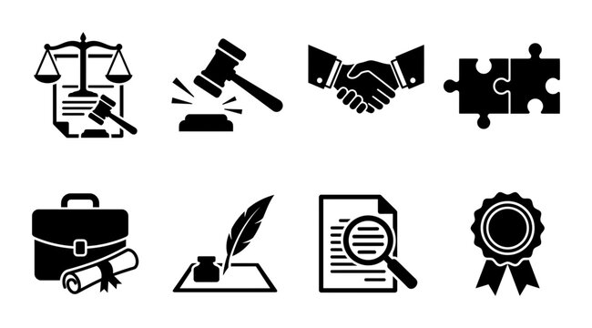 Legal Icons Set, Justice Symbols, Business Agreement Graphics, Law Concepts, Courtroom Elements, Contractual Documents, Professional Services
