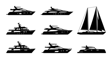 Luxury Yacht Silhouettes Collection, Modern Motorboat Icons, Sailing Vessel Vector Set, Nautical Transportation Graphics © Hasan