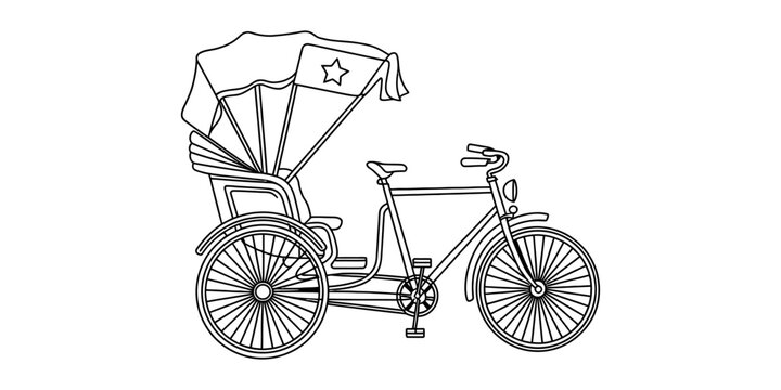 Black and white line drawing of a traditional bicycle rickshaw or pedicab with a canopy and star flag detail
