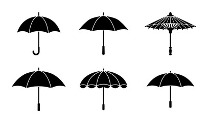 Set of 6 Black Umbrella Silhouettes, Rain Protection Icons, Parasol Vector Graphics © Hasan