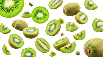 Fototapeta premium Bright fresh green kiwifruit, presenting whole and meticulously sliced halves.