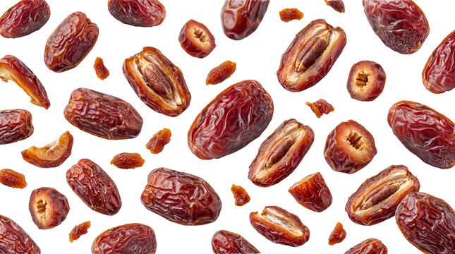 Various fresh and dried dates, whole and halved, with pits, scattered on a transparent background.
