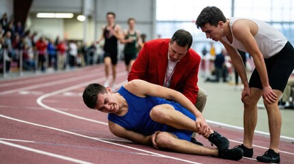 Fototapeta premium Coach helping injured male runner on track. Young athlete in pain with leg injury during competition. Professional medical support and first aid for sportsman. Healthcare and recovery.