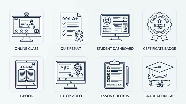 Online education icons for distance learning and student success quiz results certificate badges tutor videos ebook reader graduation cap and lesson checklist symbols for digital study platforms.