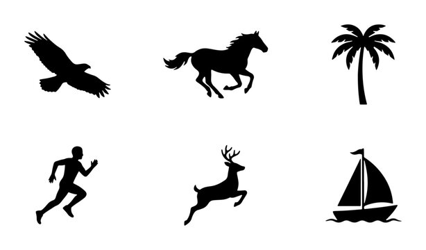 Animal and object silhouettes: eagle, horse, palm, runner, deer, boat
