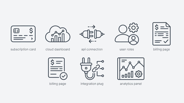 Software subscription and financial billing interface icons set including cloud dashboard api connection user roles billing page integration plug analytics panel for digital business management app.