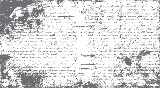 Distressed vintage handwritten script texture with ink splatters and smudges in grayscale