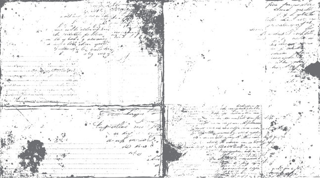 Faded handwritten script on aged paper with ink splatters and grunge texture overlay vintage