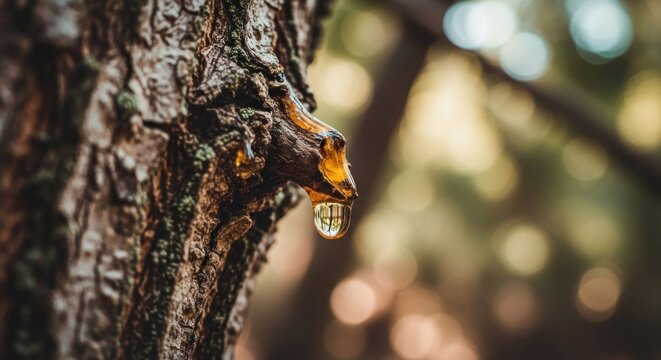 Closeup of Amber Resin Droplet Dripping from Rough Tree Bark in Forest.