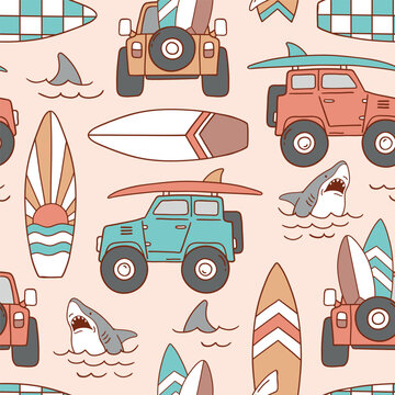 Seamless vector pattern with surfboard, pal tress, car and shark. Hand drawn surf lifestyle illustration. Summer beach vacation. Perfect for textile, wallpaper or nursery print design.